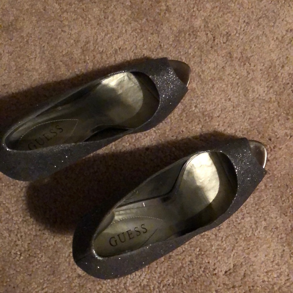 Silver/Pewter peep toe pumps.